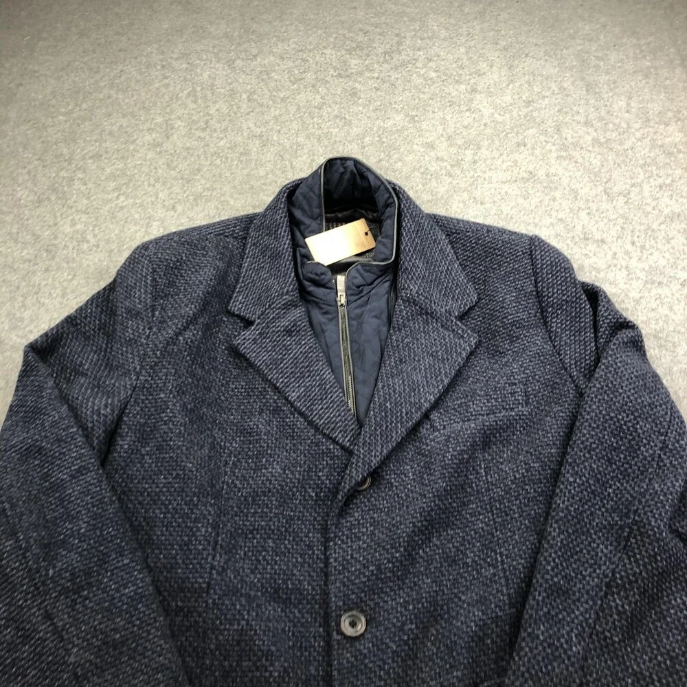 Johnston & Murphy Coat Mens Large Blue Wool Check Tweed Quilted Lined Overcoat